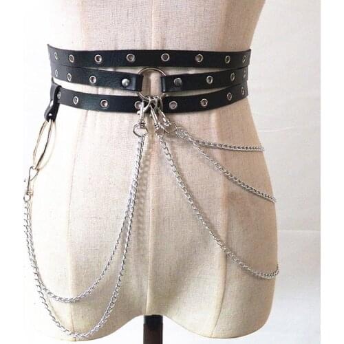 Fashion Women Gothic Punk Waist Belt Chain Metal Large O Ring Metal Pin Buckle Leather Black Waistband Jeans Dress Waist Belts