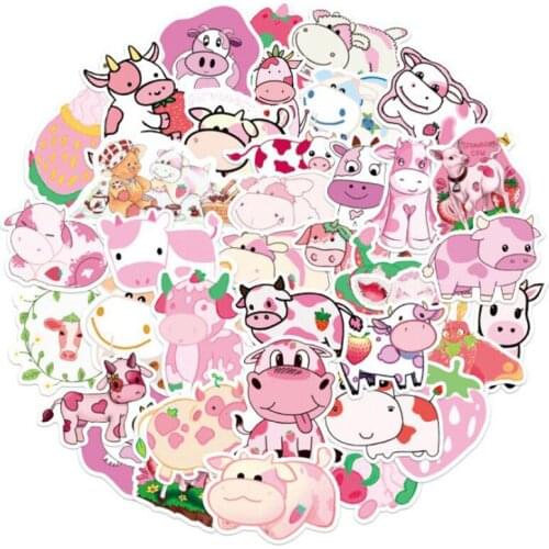50PCS Pink Kawaii Cartoon Strawberry Cow Stickers For Girl Kids DIY Skateboard Suitcase Laptop Bicycle Helmet Car Decals