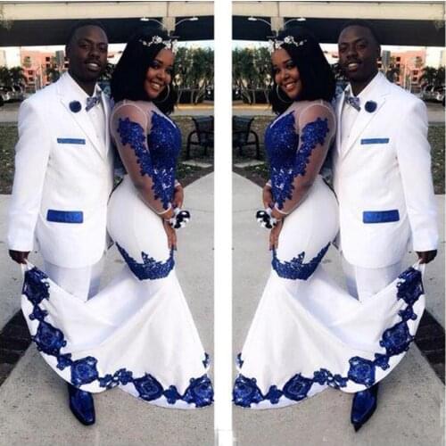 Newly Design Mermaid African Wedding Dresses Royal Blue Appliques Long Illusion Sleeves Formal Gowns Pageant Wedding Dress