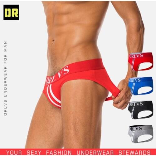 ORLVS Sexy Underwear Bikini Briefs Mens Double D G-string Thongs Cotton Fashion Jockstraps Gay Underpants Tanga Hombre OR129
