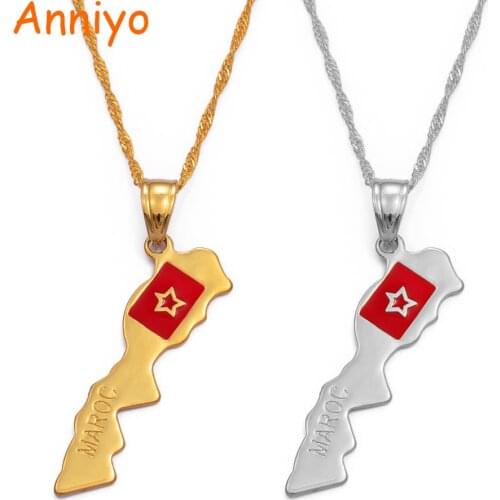 Anniyo The Kingdom of Morocco map pendant necklace women Gold Color Jewelry Le Royaume du Maroc National flag #201310