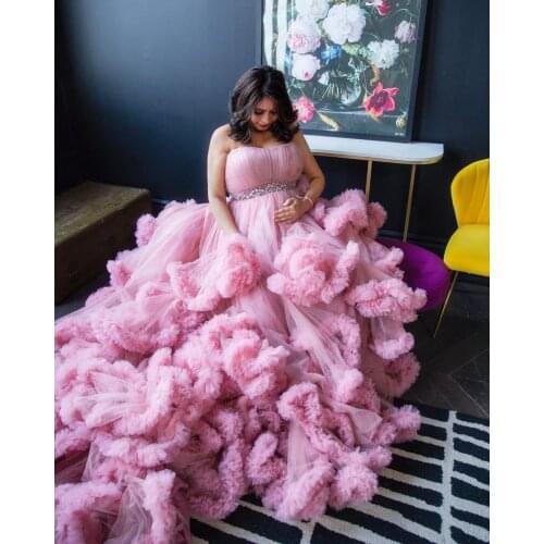 Strapless Maternity Dresses Custom Made Sleeveless Tiered Floral Sweep Length Gown With Beaded Belt Wedding Bridal Nightgown