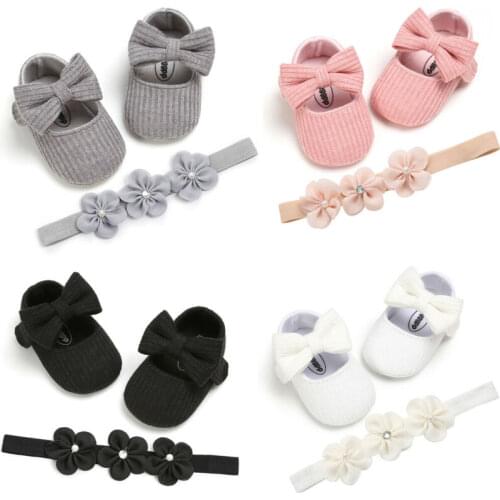 Princess Crib Shoes Bowknot Soft Sole Prewalker Shoes Headband Set Spring Knit No-Slip Breathable Shoes 0-18M Toddler Girl