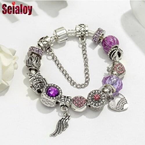 Seialoy Silver Plated Shell Wings Pendant Crown Heart Charm Bracelets For Women Men Original Love Crystal Beads Bracelet Jewelry