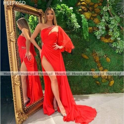 Sexy Red Evening Dress Long Sleeve High Slit Beads Chiffon Special Occasion Party Dresses For Women Pageant Gowns Customize