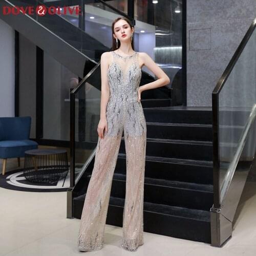 Lace Sequins Beading Crystal Empire Dinner Party Dresses 2020 Backless Jumpsuit Formal Sleeveless Pants Suit Evening Dress Pants