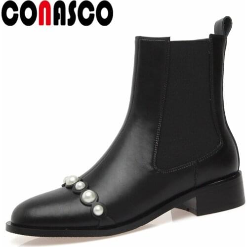 CONASCO New Arrival Women Ankle Boots Autumn Winter Warm Genuine Leather Casual Concise Shoes Pearl Decoration Boots Woman