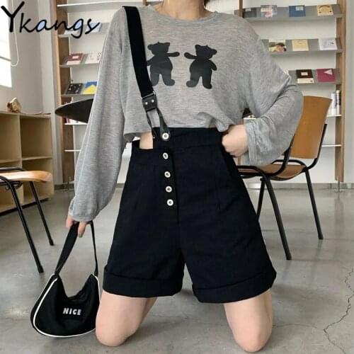 Oversized Suspender Shorts Summer New All-match Womens High Waist Denim Shorts Campus Style Casual Ladies Wide Leg Shorts Pants