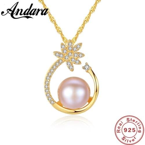 925 Sterling Silver CZ Flower Necklace,Fine Pearl Pendant Jewelry Women Gold Color Chain For Love Girl Gift
