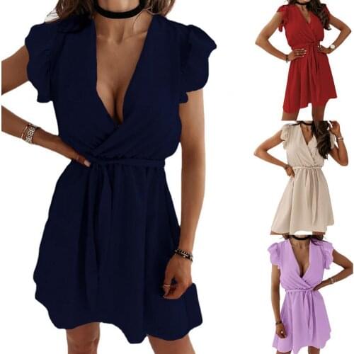 Casual Dress Lacework Sleeve High Waist Female Ladies V Neck Cross Collar Dress for Daily Life