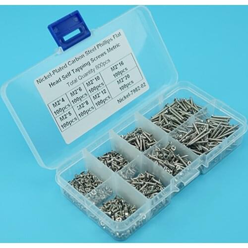 800Pcs Flat Head Screws M2 Nickel-Plated Carbon Steel Self Tapping Screws For Wood Furniture DIY Countersunk Head Screws