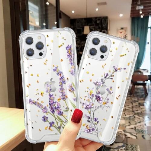 Drop Glue Gold Foil Phone Case For iPhone 11 12 Mini XS Pro Max X XR Flowers Coque For iPhone 5 7 8 6 6S Plus PC Airbag Bumper