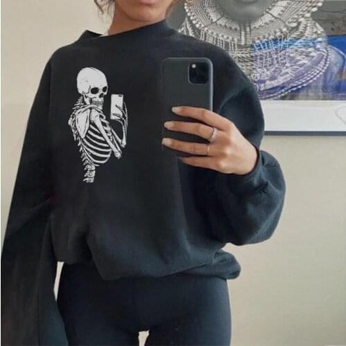 Black Skull Print Vintage Oversized Sweatshirt Women New Loose Long Sleeve O Neck Casual Girls Fashion Clothes Autumn Streetwear