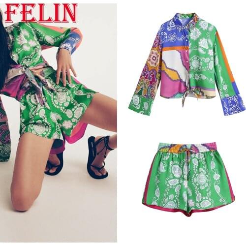 FELIN Za 2021 Summer Boho Women Sets Floral Loose Long Sleeve Short Shirts and High Waist Elastic Wide Leg Shorts Chic Suits