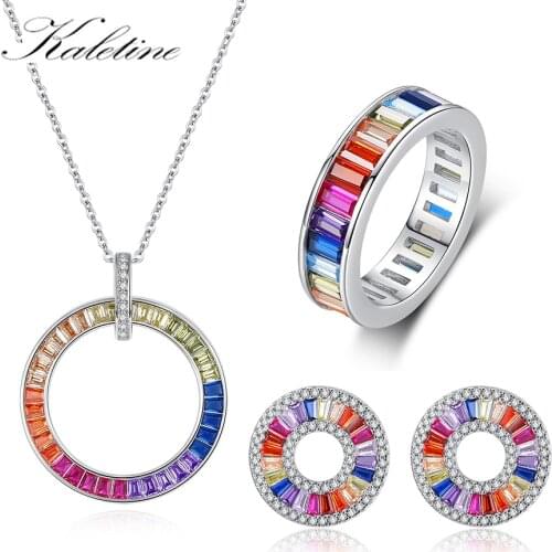 KALETINE Charm Rainbow CZ 925 Sterling Silver Rings Pendant Geometric Circle Initials Earrings Chain For Women Jewelry Set