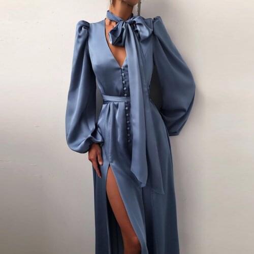 Summer Fashion Deep V-Neck Women Split Long Dress Elegant Button Lantern Sleeve Party Dress Solid Office Lady Split Long Dresses