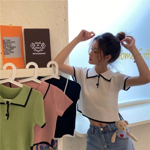 Summer Women Knitted Polo Shirt Buttoned Short Sleeve Crop Tops Casual Peter Pan Collar Polo Shirts