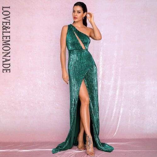 LOVE&LEMONADE Sexy One Shoulder Cut Out Green Cross Split Sequin Bodycon Maxi Dress LM81952