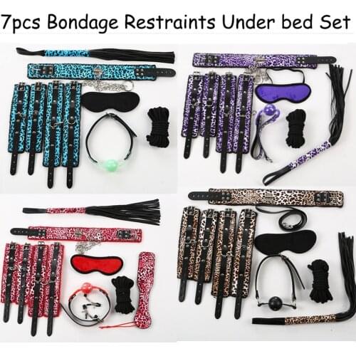 Manyjoy 7pcs/set Leopard Leather Bed Bondage BDSM Kits Handcuffs Whip Gag Collar Rope Adults Games Exotic Sex Toys For Couples