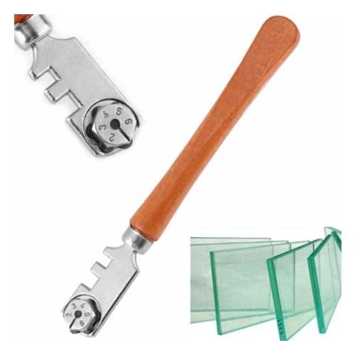 Multifunctional Portable Six-wheel Glass Cutter Round Handle High-strength Roller Mahogany Round Flat Cutting Tool