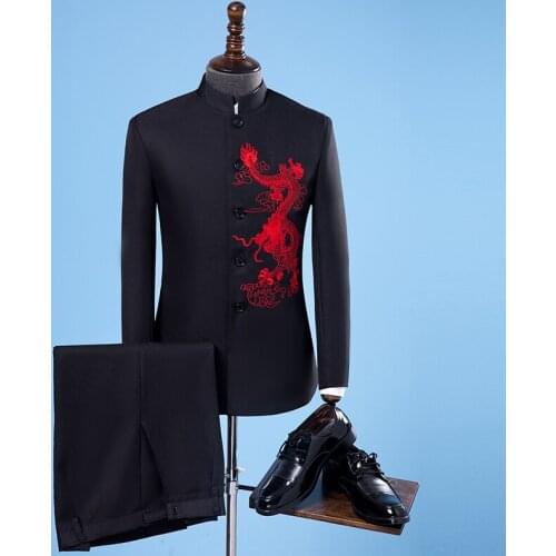 Youth Mens Slim Chinese Style Mens Wear Solid Color Chinese Retro Embroidered Stand Collar Suit Show Hosting Two-piece Suit
