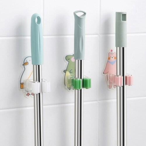 Cartoon Mop Hook Free Punch Strong Viscose Wall Hanging Household Seamless Storage Mop Clip Bathroom Hanging Mop Holder