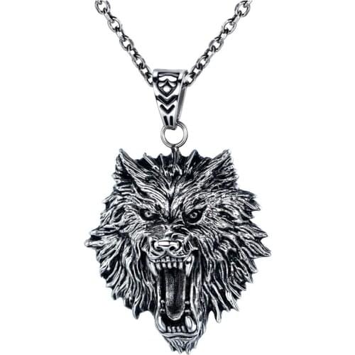 Punk hip hop jewelry gothic vintage stainless steel Wolf Pendant necklace men rock statement accessories long chain gift