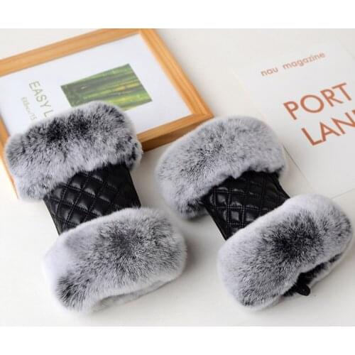 Womens Genuine Sheepskin Leather Fur Rhombus Gloves Fashion Female Black Mittens Winter Warm S2192