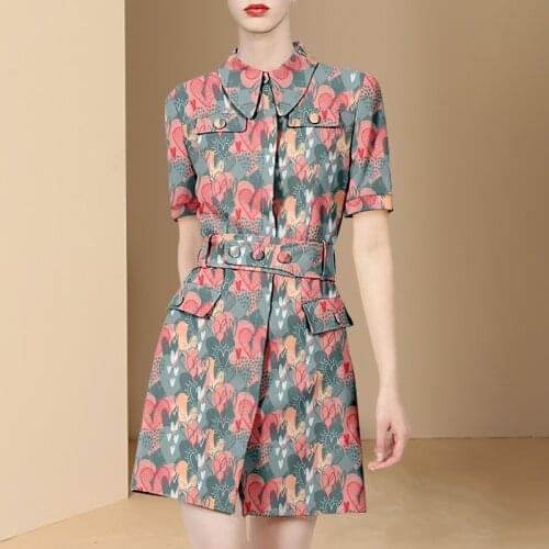 2021 summer Fashion High-end temperament Short Sleeve Single-Breasted temperament Heart Printed Slim Mini Dress