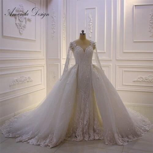 Amanda Design hochzeitskleid Full Sleeve Lace Applique Sparkle Removable Skirt Wedding Dress