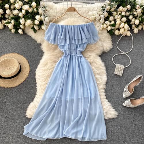SINGREINY Women Chiffon Vacation Dress Korean Ruffles Slash Neck Ruched A-line Dresses Summer Off Shoulder Streetwear Sundress