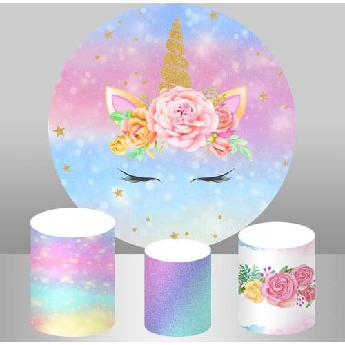 Rainbow Glitter Flower Pink Unicorn Birthday Party Round Backdrop Cover Candy Cake Table Banner Decoration Cylinder Cover Circle