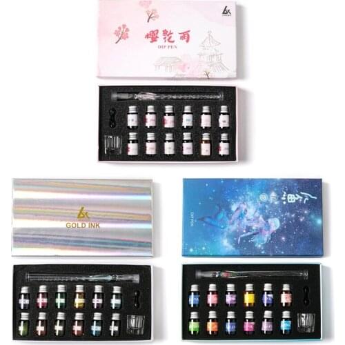 Crystal Glass Pen Starry Sky Dip Pen Glitter Powder Fountain Pen 12 Colors Ink Gift Box Set Writing Supplies