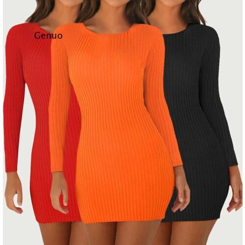 Sexy Wrap Hip Mini Thin Knitted Bodycon Dresses Orange Black Red Party Bandage Dresses High Waist O Neck Tight Vestidos Women