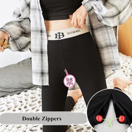 Sexy Skinny Pants Outdoor Sex Clothes For Women Open Crotch Slim Legging Invisible Zipper Trousers Female Exotic Leggins Apparel