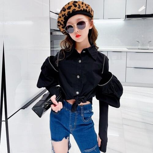 Chic Shirts For Girls Blouse Puff Sleeve Shirt Detachable Tops Autumn Coats Preteen Child Teen Fashion Big Childrens Clothing