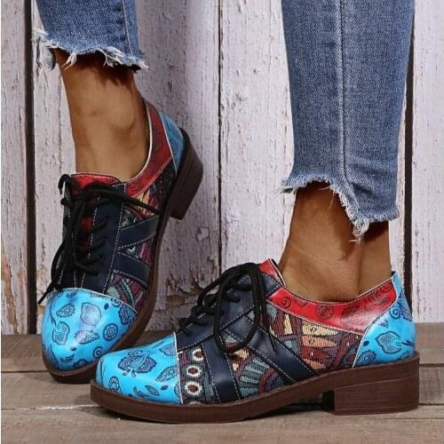 Leather Shoes Casual Women Fashion Ethnic Print Point Toe Leather Shoes Street Trend Cool Plus Size Personalized Lace-up Pumps