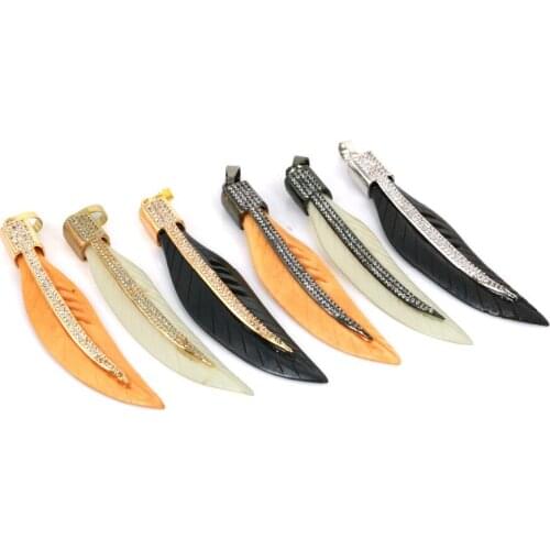 Amazing Long Feather Bone Pendant Unique Design Hematite Bead Necklace With CZ Micro Pave Pendant Jewelry Womens Jewelry