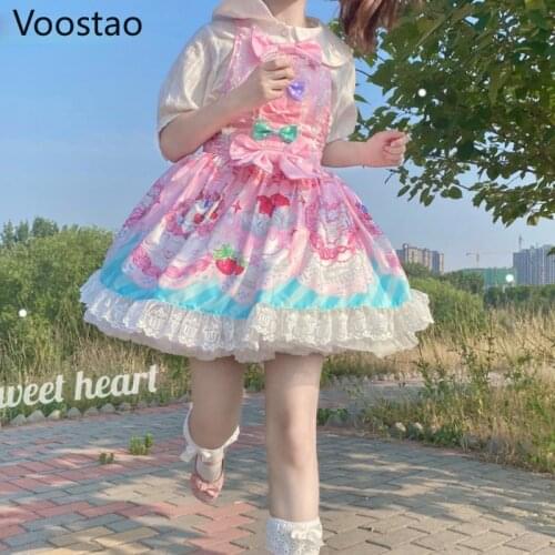 Japanese Sweet Heart Lolita JSK Dress Girls Gothic Cartoon Cake Print Sleeveless Bow Lace Princess Dresses Cute Tea Party Dress