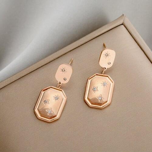 2021 Trendy Simple Crystal Inlaid Women Drop Earrings Fashion Rose Gold Stainless Steel Ladies Earring Female Party Jewelry Gift