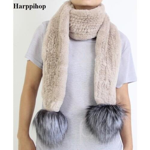 Women rex rabbit fur scarf 100% natrual real rabbit fur scarf winter warm fashion fox fur ball real rabbit fur scarfs 190cm