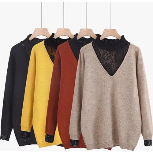 Large size Knit Sweater Women Autumn winter Lace Splice pullover Long sleeve Loose Female High Elasticity Bottoming Sweaters