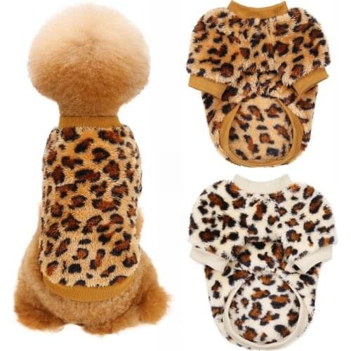 Winter Dog Clothes Leopard Pattern Fleece Dog Coat Soft Warm Dog Pet Sweater Round Neck Fluffy Faux Fur Dog Pullover Clothing