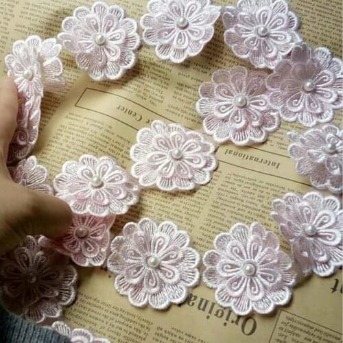 1 Yard Pink 5CM Pearl Flower Soluble Wedding Lace Trim Knitting Embroidered Handmade Patchwork Ribbon Sewing Supplies Craft
