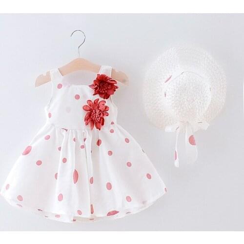 2019 New 0-24M Casual Summer Baby Dress+hat Cotton Print Flower Dot Sleeveless Infant Girl Dresses Toddler Baby Girl Clothes