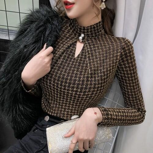 2021 Spring Summer Elastic Shiny Clothes Houndstooth T-shirt Sexy Hollow Out Women Tops Ropa Mujer Bottoming Shirt Tees