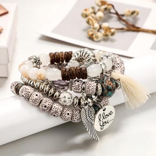 4Pcs/Set Bohemian Style Charm Bracelets Letters Leaf Tassels Flowers Beads Pendant Multilayer Bracelet Women Jewelry