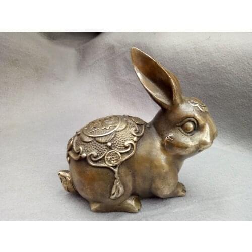 Free shipping Chinese Copper Animal Fu Wealth Fengshui Zodiac Year Rabbit Sculpture Statue