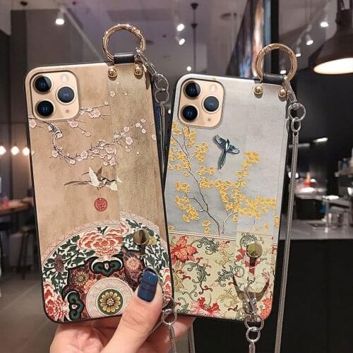 For iPhone 12 11 Pro Max Mini XS XR X 7 8 6S Plus SE 2020 Case Embossed Hand Strap Holder Cross Shoulder Metal Chain Soft Cover