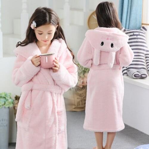 Bathrobe for girls 2-13Y Hooded Flannel Terry bathrobe Pink rabbit baby bathrobe with a hood for children winter russia kids